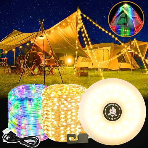 Camping Lichterkette Aufrollbar,Tragbare Lichterkette Camping 10M,Campingleuchte Ausziehbar Lichterketten,USB-Aufladung,Wasserdichte,mit 8 Beleuchtungsmodi,Camping Lichter für Wandern und Hof