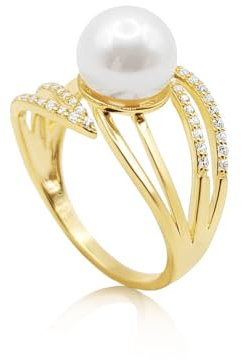 PERORNO Ring mit echter Zuchtperle, 8 mm, rund und orientalisch, Silber 925, besetzt mit Zirkonia – Schmuck für Damen, Hochzeit, Geschenk für die Braut, Silber mit Vergoldung, Zuchtperle