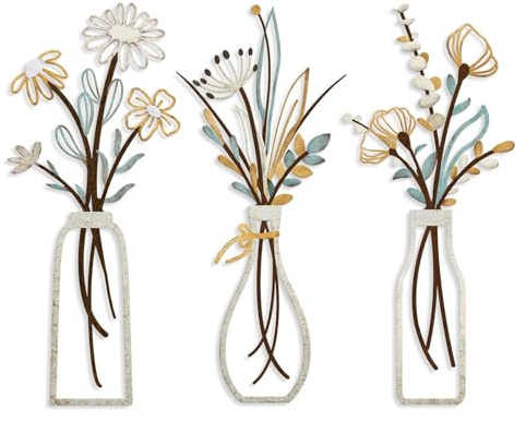 Pigort 3 Pieces Metal Flowers Wall Art- Rustic Farmhouse Decor Minimalist Decor for Living Room Bathroom Bedroom Dining Room, Housewarming Gifts Christmas Decoration(Beige, Vase-C)