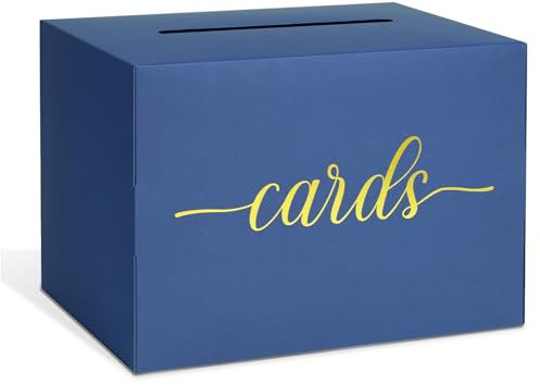 LIKAJON 1 Pack Navy Blue and Gold Foil Card Box for Party, Money Box for Birthday, Bridal or Baby Showers, Retirement, Anniversary, Wedding, Graduation, Raffle Ticket Box