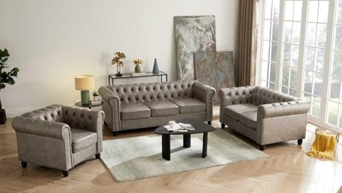 Möbelmeister M&M Luxuriöses, 3-teiliges Kunstledersofa-Set mit 6 Sitzplätzen Zeitgemäßer Luxus für Ihr Wohnzimmer in den Farben Grau, Beige und Braun. Grau