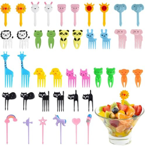 Mini tenedores de frutas con dibujos animados, 42 palillos de dientes para niños, palillos de dientes reutilizables para fiestas infantiles, fiambreras