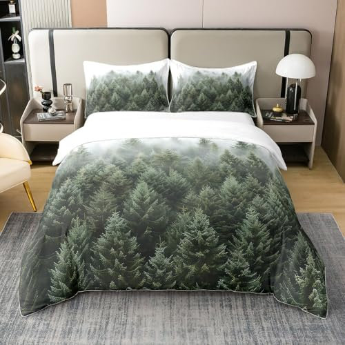 100% Baumwolle Woodland Bettbezug 155x220,Bäume Natur Nebelige Schlafzimmer Dekor Tröster Abdeckung,Botanische Berge Bettwäsche Set für Schlafzimmer,Grüne Weiße Pflanzen Jungen Mädchen Bettbezug