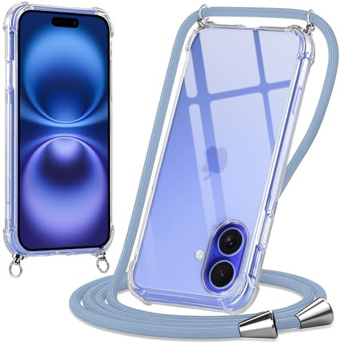 Oelrstfe Coque pour iPhone 16 avec Cordon, Transparente Silicone Housse avec Réglable Cordage - Collier Case Protection pour iPhone 16, Bandoulière - Bleu