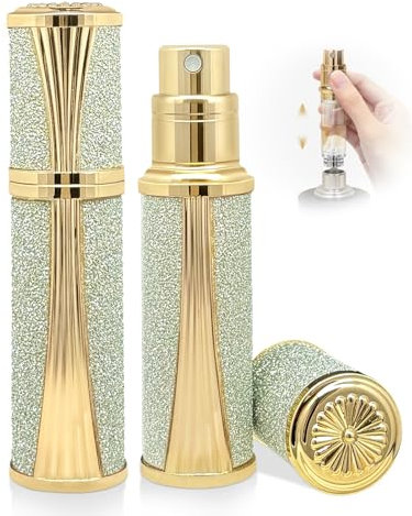 ASADAYS Atomizador de perfume, New Shell, botella de viaje recargable, botella de spray inferior, tamaño mini, lujo, moda, brillante, 5 ml, a prueba de fugas, avión portátil (lujo ligero, brillo