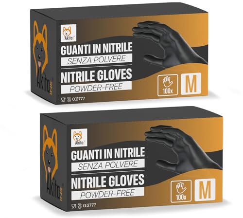 AKITAInk Guanti in Nitrile Neri senza polvere, senza lattice - Ipoallergenici, Resistenti, Ideali per Ambiti Medici e Alimentari per Estetisti, Tatuatori, Ambiti Medici, guanti per alimenti (200, M)