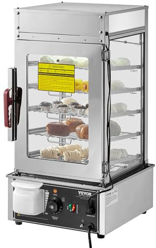 VEVOR Espositore Scaldavivande Commerciale 5 Ripiani 1200W, Controllo Temperatura 30℃~110℃, Scaldavivande in Acciaio Inox e vetro con LED, Riscaldamento a Vapore, per Panini al Vapore Siomai Corn