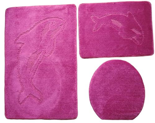 3- teiliges Badvorleger Set Ilkadim Export mit Delphin Muster, Bad Teppich 55cm X 85cm ohne Auschnit gerade für Hänge WC (Pink)