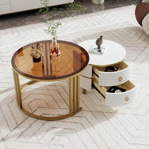 Goeria 2-in-1 runder Couchtisch aus MDF, Couchtischkombination mit 2 Schubladen für das Wohnzimmer, Beistelltisch mit 1 weißen Platte und 1 braunen Platte aus gehärtetem Glas (Weiß+Gold)