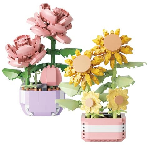 CYIOU 2 Mini Blumen Sukkulenten Bausteine Set, 367 Stück+317 Stück Botanisches Set Topf Pflanze Blume Botanische Simulation Topf Pflanze Partikel Blume Botanische Ziegel Spielzeug(Rose+Sonnenblume)