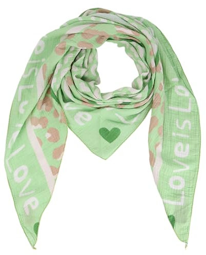 Damen Musselin Halstuch Made in Italy mit Leo Love Happy– Leichtes Dreieckstuch für Frühling & Sommer, Baumwolle, ca.195x85 cm (Love Grün)