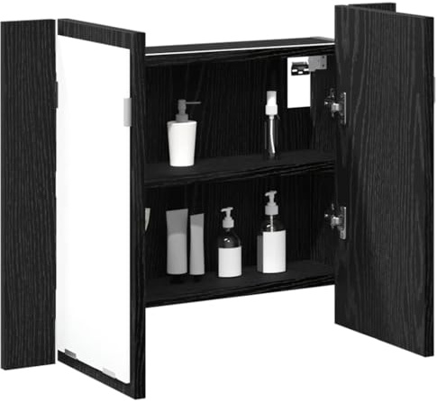 vidaXL Badezimmerspiegelschrank Schwarz Eichen-Optik 60 x 12 x 45 cm | Bietet optimale Beleuchtung für die Pflege, Zwei Regale für organisierte Essentials,