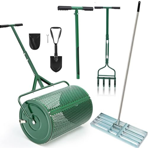 5Pcs Lawn Care Set, Includes 24 in Compost Spreader, 42 in Hollow Fork Aerator, 20 in Soil Sampler Probe, 30 in Lawn Leveling Rake & Shovel, Peat Moss Spreader for Lawn Garden Yard Topsoil Care