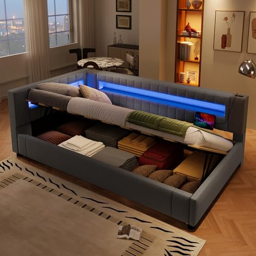 Polsterbett Schlafsofa 90x200cm, Einzelbett mit Hydraulischem Stauraum, mit USB-Ladefunktion, LED-Lichtleiste mit am Ende des Bettes, Tagesbett Bett mit Lattenrost (Grau mit Hydraulischem, 90x200CM)