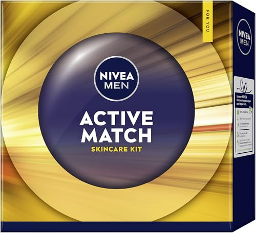 NIVEA MEN Active Match Geschenkset, Geschenk für Männer, Geschenkbox mit Duschgel (250 ml), Deo Spray (150 ml), Feuchtigkeitspflege (50 ml) und Waschgel (100 ml)