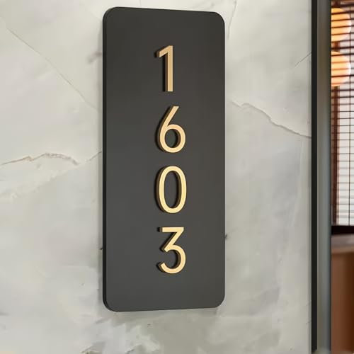 MEIEG Personalized 3D Engrave Door Plaque, Acrylic Doorplate with Custom House Number, Self-Adhesive Door Sign for Home, Family, Hotel, Flat, Mailbox(Gold,17x8cm)