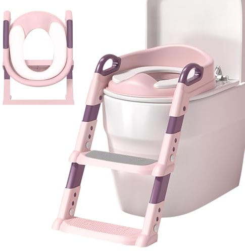 KATLKIU Réducteur de toilettes pour enfants avec échelle réglable, réducteur de WC portable et pliable pour WC en forme de V, U, O, sécurisé et stable, parfait pour l’autonomie des enfants (Rose)