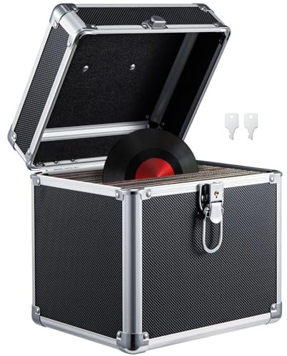 Trintion Schallplatten Aufbewahrung 50 Plattenkoffer Schallplattenkoffer Tragbarer Abschließbarer Vinyl Koffer für 7-Zoll Schallplatten Schutzbox mit Transportfunktion Record Case Schwarz