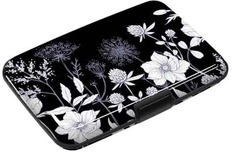 ToLuLu Porte-cartes de crédit, mini portefeuille en aluminium RFID, pour cartes de visite, blocage RFID, poche avant, étui rigide CC pour homme et femme, Motif floral noir et blanc., 4.33 x 2.83 x 0.7