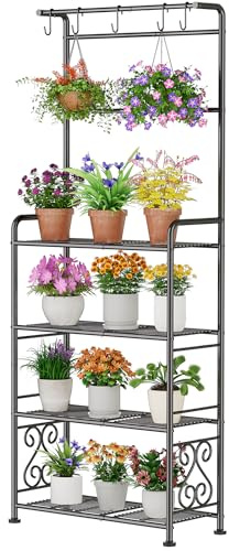 Jowkou 4-Tier Metal Plant Stand with Hanging Hooks, Heavy Duty Storage Shelf Unit, Rust-Proof Greenhouse Staging for Indoor Outdoor, Balcony Patio Garden Flower Shelf Black