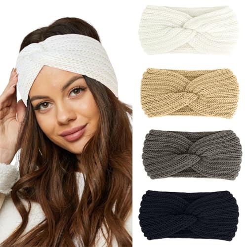 THQAE 4 Pcs bandeau cheveux femme, bandeau cheveux, bandeaux d'hiver en tricot pour femme, Large bandeau d'hiver pour femme, Cache-oreilles épais, Bandeau tricoté, Bandeau élastique