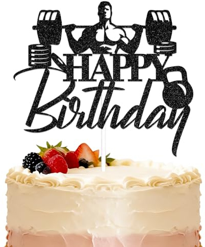 Fitness Happy Birthday Cake Topper Gym Birthday Party Decoration Weight Lifter Party Favor Black Glitter