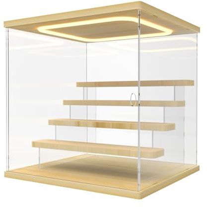 Nynelly Acryl Vitrine mit LED für Sammlerstücke, 5 Stufen Plexiglas Vitrine mit Tür und Stufen, Staubdichte Schaukasten für Figuren, Funko Pop, Spielzeug, Holzfarbe