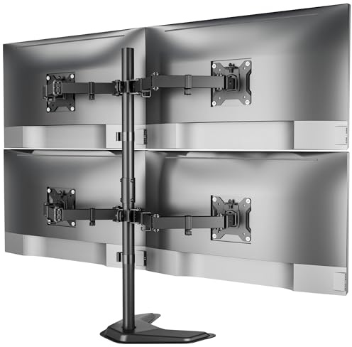 monTEK Stable Quad Monitor Stand, Free Standing Fully Adjustable Desk Mount for 4 Screen up to 17”-32” and 22lbs Capacity Each Arm, Heavy Duty Base, VESA 75x75mm/100x100mm