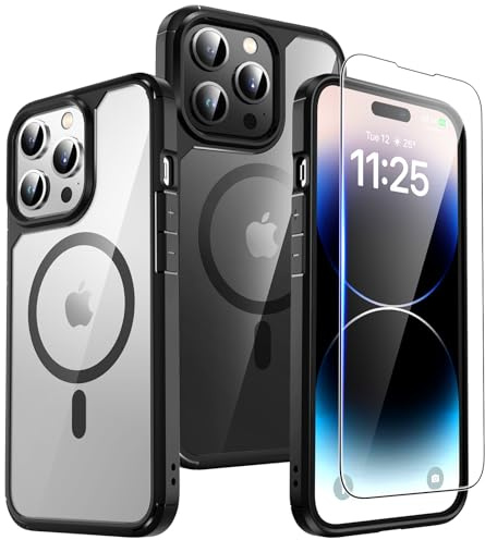 TAURI für iPhone 14 Pro Max Hülle 6,7 mit Schutzfolie - Schwarz | Kompatibel mit MagSafe, Schutz nach Militärstandard, [Anti-Vergilbung] Stoßfest Magnetisch Handyhülle