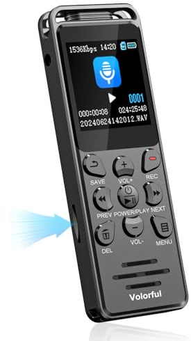Volorful 70 Ore Registratore Vocale Digitale Professionale | 16GB di Memoria Integrata, Scheda di Memoria Inseribile, 1,44 Schermo Colori, Attivazione Vocale, USB-C, Lezioni Riunioni