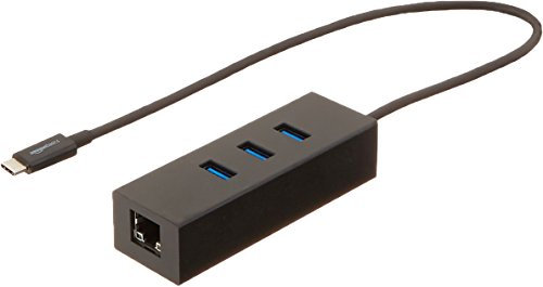 Amazon Basics - USB-Hub mit 3 Anschlüssen, USB 3.1 Typ C, mit Ethernet-Adapter - Schwarz