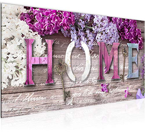 Runa Art Wandbild Home Blumen 1 Teilig 100 x 40 cm Modern Bild auf Vlies Leinwand Vintage Flieder Wohnzimmer Violett 504012a