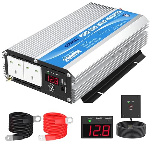 GIANDEL 2000W Pure Sine Wave Power Inverter DC 12V to AC 240V Compatible with Lithium Battery for RVs Off-Grid Solar System Boat Camper UKCA Approved with Remote Controller LED Display