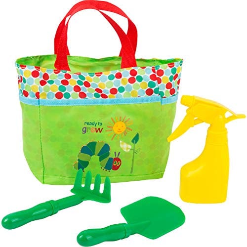 small foot 11172 Raupe Nimmersatt Gartentasche mit Schaufel, Harke und Sprühflasche