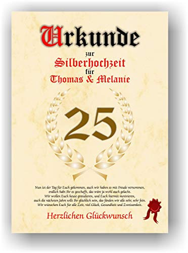 Urkunde zum 25. Hochzeitstag - Silderhochzeit - Geschenkurkunde Silberne Hochzeit personalisiertes Geschenk Karte zum Ehrentag XXL DIN A4