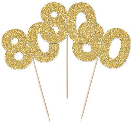 Number 80 Cupcake Toppers - 12pk Cake Decoration, Birthday, Anniversary, Pick, Pics, Eighty (Gold Glitter)
