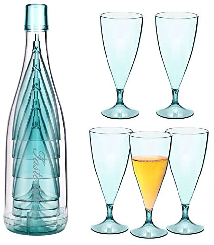 5 Pcs Stackable Champagne Glasses Set,Reusable Unbreakable Wine Flutes with Bottle Container,Shatterproof Elegant Transparent Stemmed Goblet Barware,Perfect for Party,Wedding,Birthday