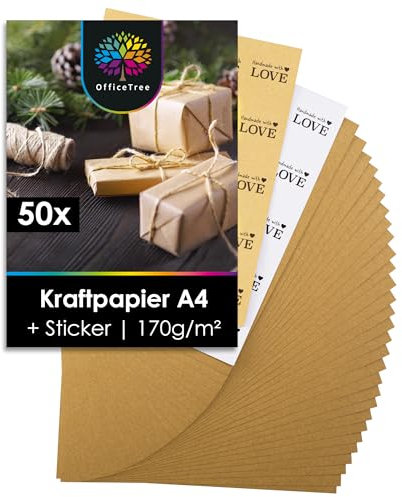 OfficeTree 50 x Kraftpapier A4 inklusive Sticker Set - Craftpapier A4 - Kartonpapier zum Basteln Hochzeit Einladungen, Menükarten - Braunes Papier A4 - Craft Papier zum Drucken und Schreiben