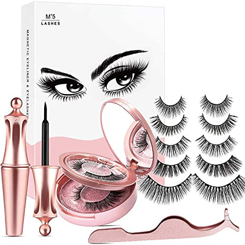 Magnetische Wimpern, Aikvigss Verbesserter Kit für magnetische Wimpern und Wimpern, magnetische Wimpern mit Eyeliner, falsche Wimpern 5 Paar mit Pinzette, einfach zu tragen