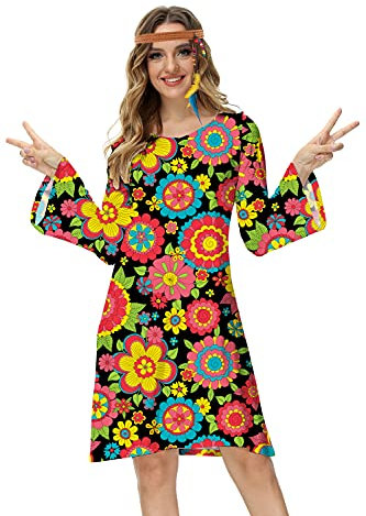 Hippie-Kostüm für Damen, Halloween, buntes Blumenmuster, Groovy Gogo Glockenärmel, Party, 60er-/70er-Jahre-Kostüm, Größe M