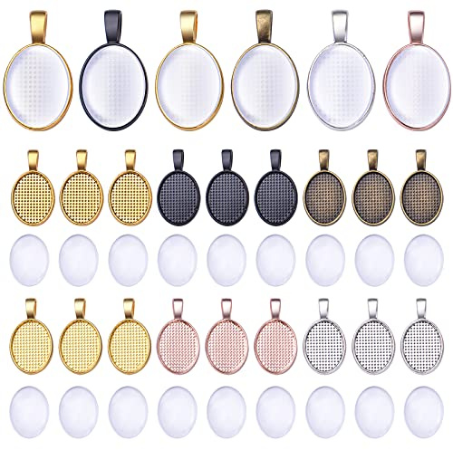 24pcs 15x20mm Oval Bezel Pendant Base Trays Cabochon Settings Trays Pendant Blanks Cameo and 24pcs Transparent Glass Cabochons for Jewelry Making