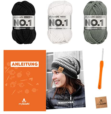 myboshi Häkelset Beanie Wakayama, Häkelset für Anfänger, inkl. No.1 Wolle, Nadel und Anleitung, Label, Häkelpaket für Anfänger, 30% Merinowolle Schwarz, Weiß mit Häkelnadel