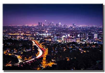 Leinwandbild Los Angeles | 120 x 80 cm Querformat | Bild auf Leinwand Wandbild | USA Kalifornien Hollywood Aussicht Skyline Lichter | Deko Home | modern Deko | Wohnzimmer Schlafzimmer Büro XXL groß