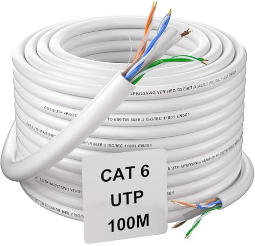Cable Ethernet 100 Metros, Alta Velocidad Cable de Red 100m para Exteriores, Cat 6 Impermeables Blanco Cable Lan Granel RJ45 Gigabit 1000Mbps UTP 23AWG Cable de Instalación para Router Switch