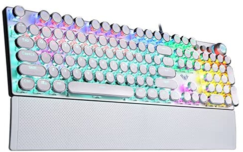 AULA F2088 Clavier de jeu mécanique style machine à écrire, rétroéclairé à DEL arc-en-ciel, repose-poignet amovible, bouton de contrôle multimédia, touches rondes rétro, punk, clavier d'ordinateur