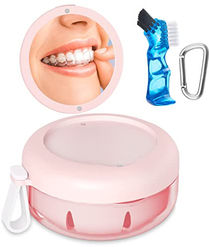 SEANCHEER | Gebissdose | Prothesendose | Zahnspangendose | Zahnprothesen Box | Zahnschiene Box mit Spülkorb, Prothesenzahnbürste und Spiegel für | Zahnersatz | Aufbissschiene | Knirscherschiene | Rosa