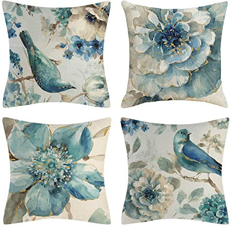 OCEUMACO Leinen Kissenbezug 45x45 Blumen Vogel Muster Kissenhülle 4er Set Quadratisch Sofakissen Dekokissen Bezug für Couch Vögel Kissen Kissenbezüge Outdoor Deko Couchkissen Zierkissen - Türkis
