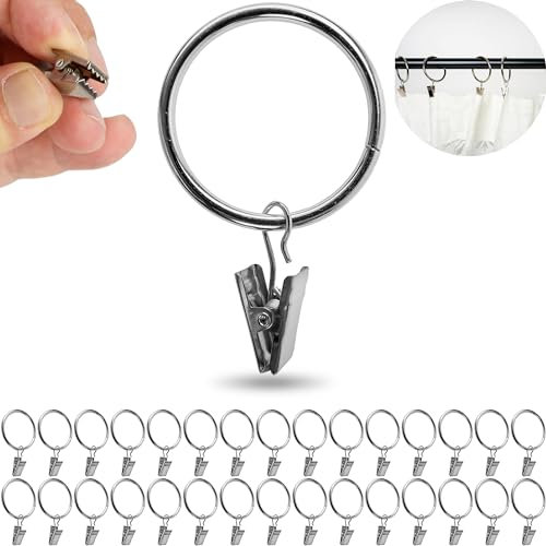 Gardinenklemmen mit Ringen, 30 Pack, in Silber-Farben, Ø 32 mm innen, Gardinenringe für bis Ø 31 mm Dicke Gardinenstangen, Vorhang Ringe Klammer Haken, Gardinen Klemmen Aufziehringe, Curtain Rings