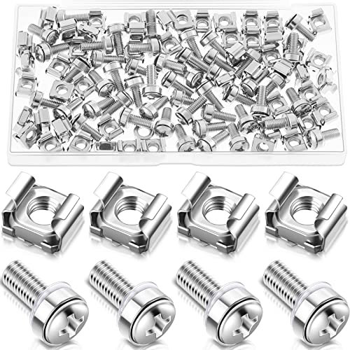 M6 x 20 mm Rack Mount Cage Nuts, Screws and Washers Hardware Cage Nuts Mounting Screws Washers Stainless Steel Silver Rack Screws Square Insert Nuts for Server Mounting Routers Shelves (50 Sets)