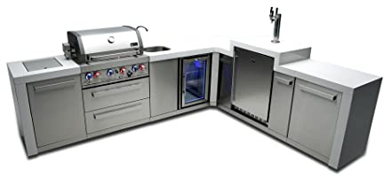 Mont Alpi 120W x 98D Deluxe L-shaped Stainless Steel Outdoor Kitchen Island with Fridge Faucet & Sink Combo + 3-tap Kegerator Beer Dispenser + 32W 4-Burner BBQ Grill + Storage Cabinets + Cover